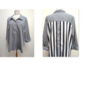 Chico’s No-Iron Chic Stretch Striped Button Back Blouse Navy White Size 3 XL 16